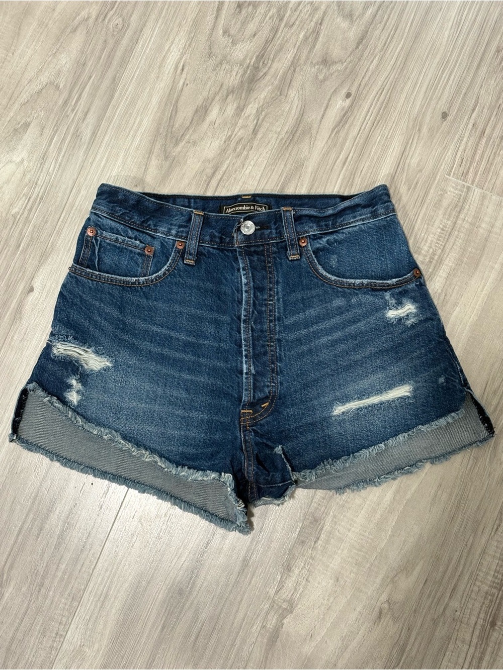 Woman’s Abercrombie & Fitch Dark Blue Distressed Denim Shorts S W26 L2